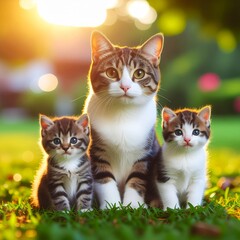 Mother Cat and Kittens in Golden Sunset Light