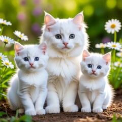 White Cat Family With Blue Eyes