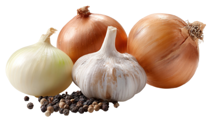 Fresh garlic and red onion bulbs with green parsley on a light background. Food seamless pattern for cooking elements.