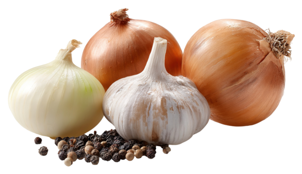 Fresh garlic and red onion bulbs with green parsley on a light background. Food seamless pattern for cooking elements.