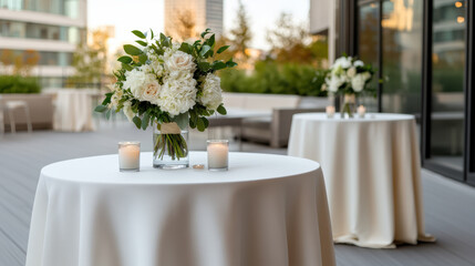 Elegant white floral centerpiece with candles on rooftop table, soft evening ambiance