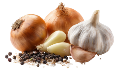 Fresh garlic and red onion bulbs with green parsley on a light background. Food seamless pattern for cooking elements.