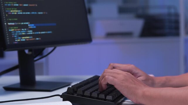 Close-up shot of IT freelancer programmer and tech engineer working with computer keyboard, hand typing software codes for application development and website network system information data in room.