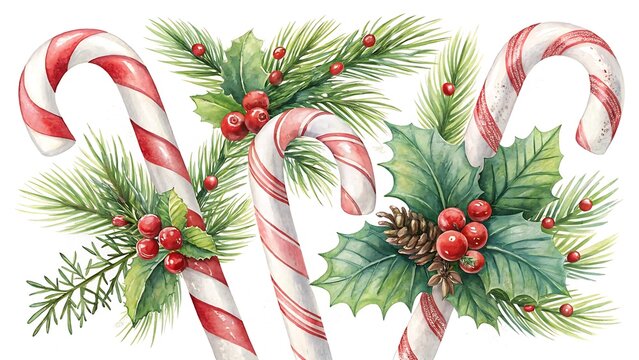 Festive christmas candy canes adorned with evergreen branches holly berries and pine cones for holiday decoration
