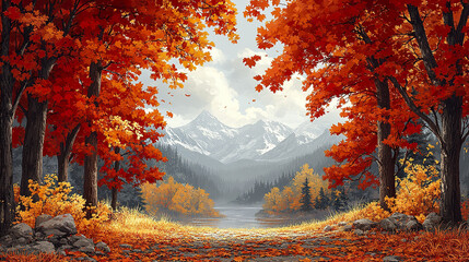 Fototapeta premium Detailed autumn scene with vibrant red and yellow foliage, mountains, and serene lake