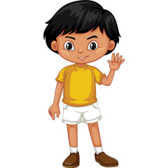 Smiling young boy wearing a yellow t-shirt and white shorts waving with a transparent background in a studio setting and natural lighting.