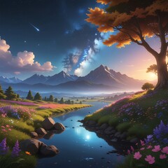 Mountain River, Wildflowers, and Starry Sky at Twilight