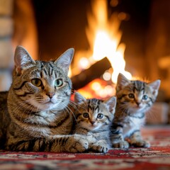 Tabby Cat Mother and Kittens by Fireplace