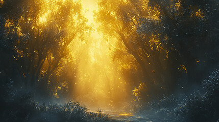 Obraz premium Misty forest illuminated by golden rays creates serene atmosphere