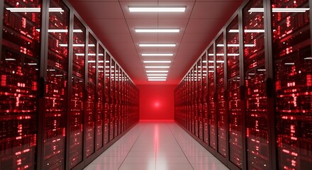 A server room with rows of computer racks illuminated by red lights, creating a sense of high technology and data processing center
