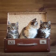 Three Cute Kittens in a Vintage Suitcase