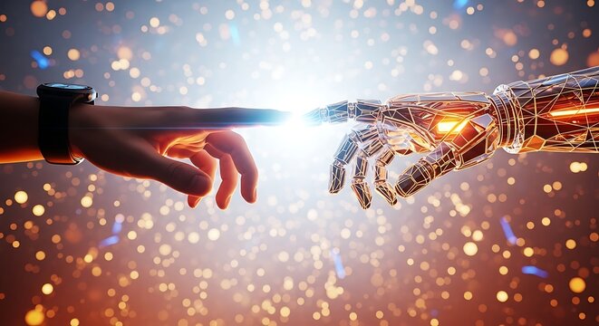 Human and robot hands reaching each other in a futuristic and technological scene, symbolizing the connection between humans and artificial intelligence