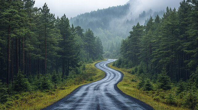 Winding road through misty forest creates serene atmosphere