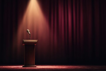 Award ceremony stage with an elegant podium, microphone, golden spotlight from above, and a burgundy curtain background, perfect for recognition and achievement concepts.