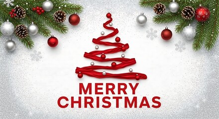 Festive christmas tree made of red ribbon with ornaments and pine cones