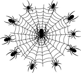 Fototapeta premium Circular spider web with multiple spiders surrounding detailed center web design, creepy Halloween themed black vector illustration perfect for horror, nature, and graphic design projects