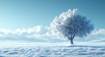 Single snow covered tree in a vast white winter landscape under blue sky image