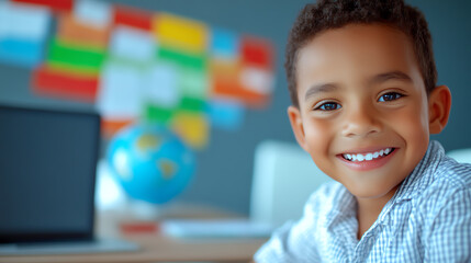 A cheerful young boy smiles brightly in a classroom setting, showcasing joy and curiosity about learning and exploration.
