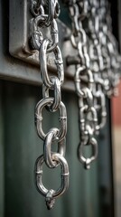 Close up of shiny silver metal chains in industrial setting