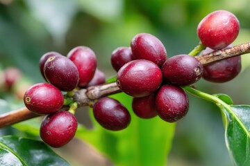 Close up of ripe coffee cherries on a branch in bright detail