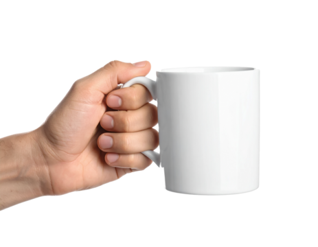 White ceramic mug mockup held by hand for coffee or tea product on transparent background