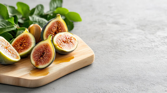 Fresh fig halves on rustic wooden board with honey drizzle and green leaves