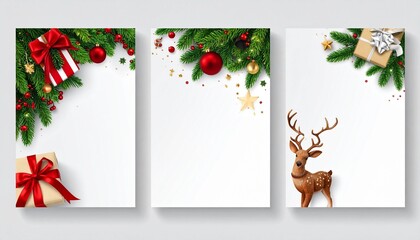 A collection of minimalist white frames bordered with pine branches, red ribbons, ornaments, and a reindeer figure, creating a clean and elegant Christmas-themed presentation.