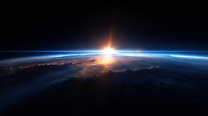 A stunning view of a sunrise illuminating the horizon of Earth from space. The scene captures clouds and a soft blue atmosphere, showcasing the beauty of our planet.