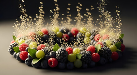 Lush berry wreath with sparkling sugar particles rising from fresh blueberries raspberries and blackberries on dark background