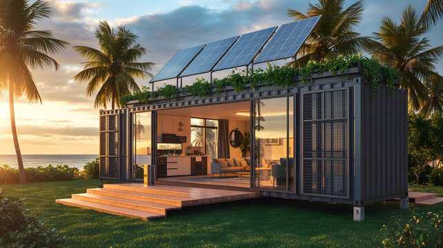Innovative container home designed for sustainable living, featuring solar panels and a green roof, nestled by a tropical beach at golden hour, showcasing eco-friendly modern architecture