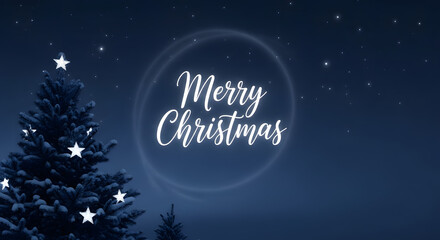 Fototapeta premium Merry Christmas glowing text with festive starry night sky and winter tree holiday background