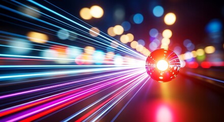 Futuristic high speed data transfer concept with a glowing red sphere and colorful light trails, symbolizing advanced technology and connectivity