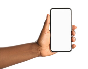 Stock photo of hand holding phone with blank screen mockup image on transparent background