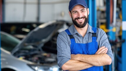 A mechanic stands with arms crossed, smiling in a garage filled with tools and vehicles. The car's hood is open, indicating active repairs. The atmosphere is bright and welcoming.