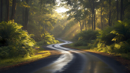 Obraz premium Peaceful road winding through dense forests in natural setting