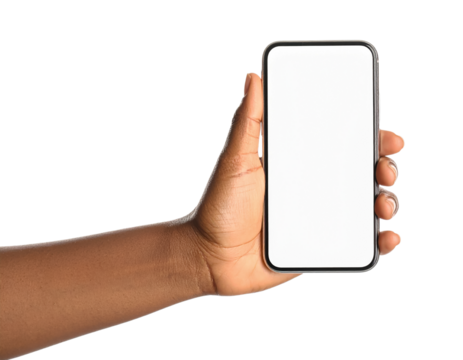 Stock photo of hand holding phone with blank screen mockup image on transparent background