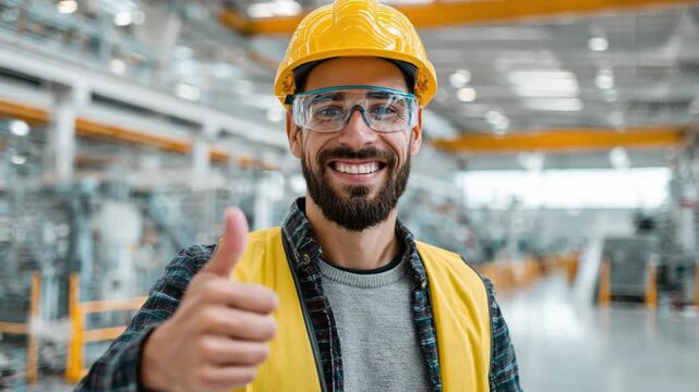 Engineering Triumph: An experienced engineer, fully equipped with protective eyewear and a hard hat, projects confidence with a thumbs-up gesture.