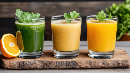 Fototapeta premium Fresh green carrot and orange juice trio on wooden board with garnish