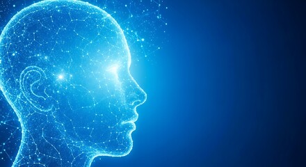 Artificial intelligence concept with a glowing human head outline made of connected dots, symbolizing future technology and digital innovation