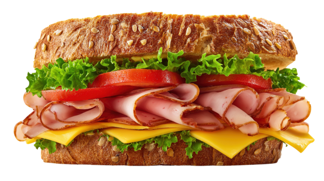 Ham and cheese salad submarine sandwich from freshly cut baguette