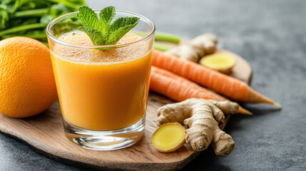 Fresh carrot orange ginger juice with mint garnish, healthy vibrant wellness drink