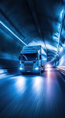 Freight Truck Entering a Tunnel with Motion Trails in a Dark Scene