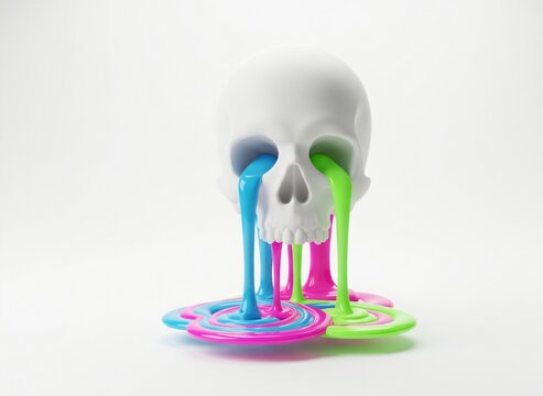 White skull with dripping neon paint tears on white background - Powered by Adobe