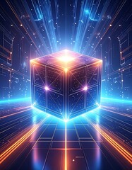 Obraz premium Futuristic 3D cube emanating light with complex digital circuitry