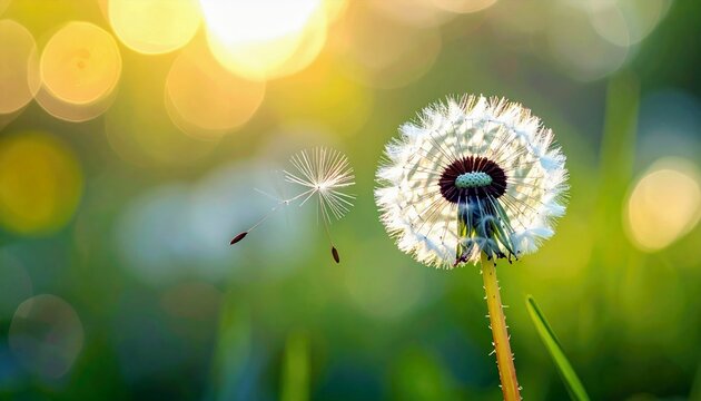 A backlit dandelion seed head with a few seeds detaching and floating away in a soft, golden, and green bokeh background. - Powered by Adobe