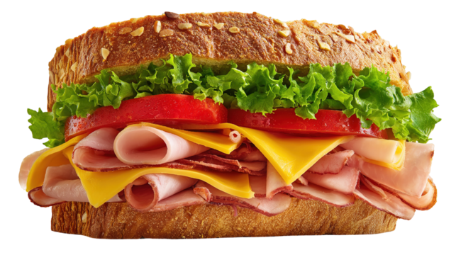 Ham and cheese salad submarine sandwich from freshly cut baguette