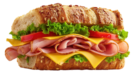 Ham and cheese salad submarine sandwich from freshly cut baguette