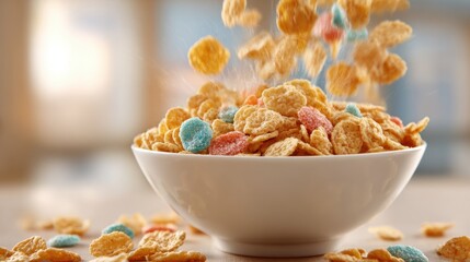 Colorful cereal pieces are being poured into a white bowl placed on a wooden table. The bright kitchen background enhances the cheerful, playful scene.