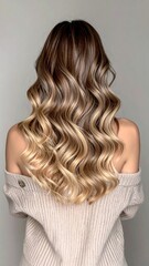 Naklejka premium Back view of wavy, highlighted long hair cascading down, beige sweater in soft light