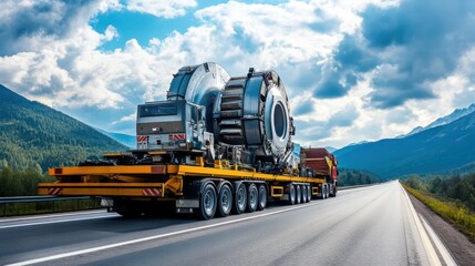Heavy duty transport truck carrying oversized industrial machinery